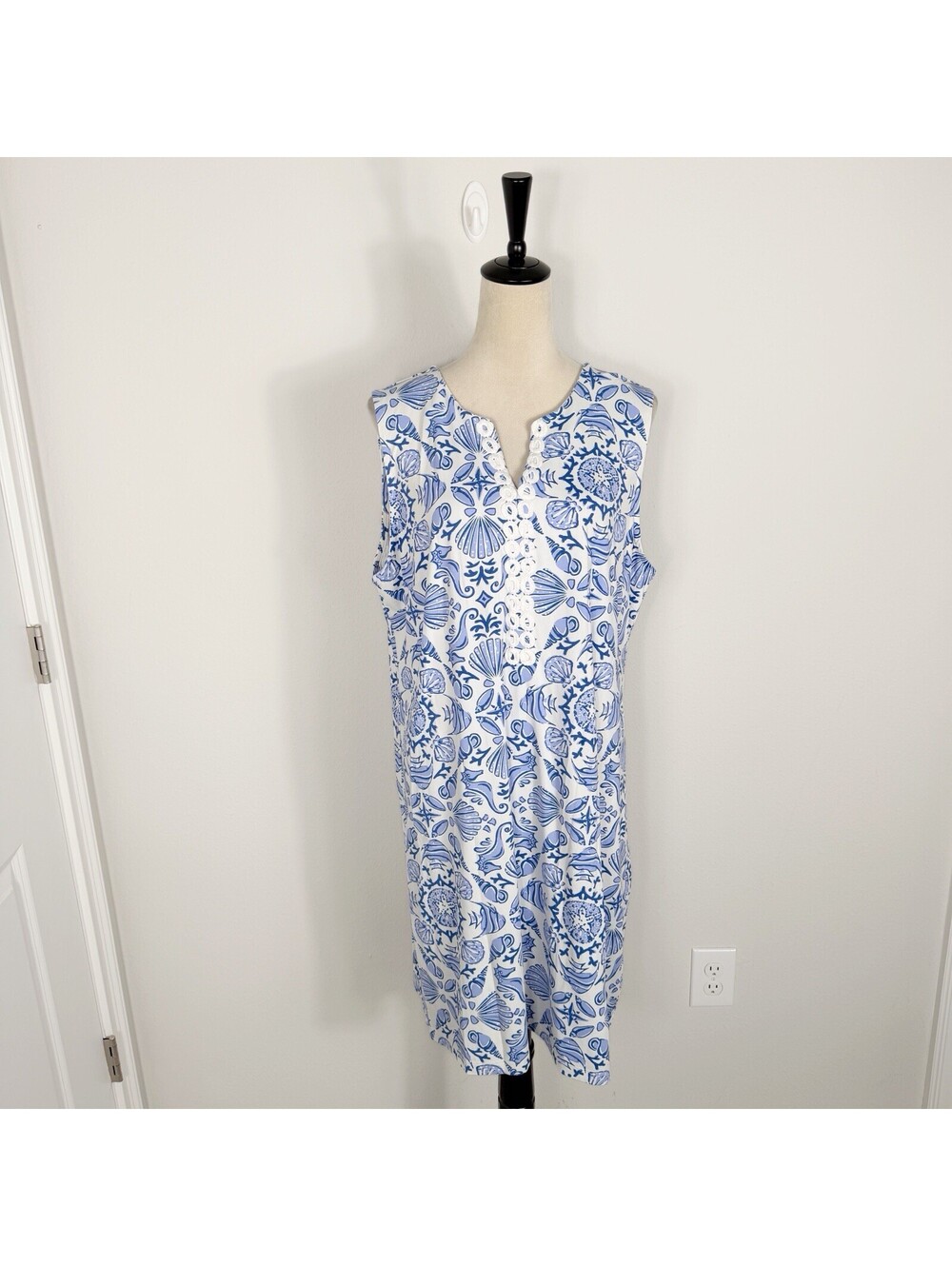SUNSETS & SWEET TEA Blue Seashell Beach Sleeveless Dress UPF 50 Women's XL